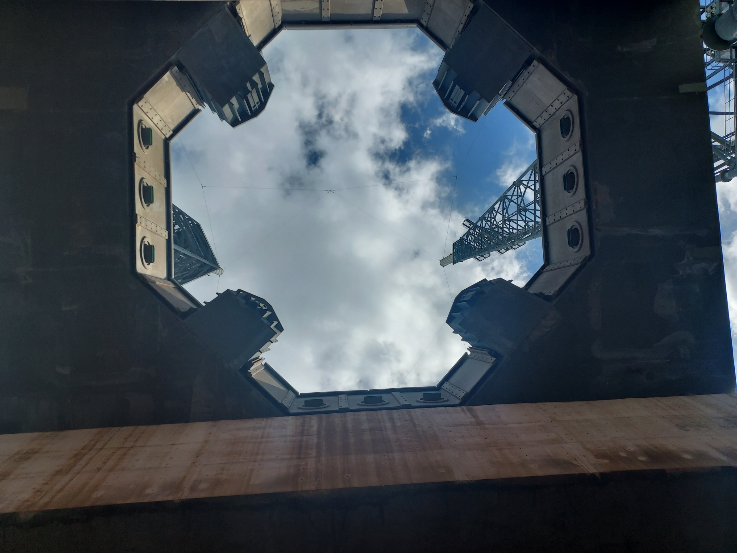 Looking up through the steel structure of the launch tower